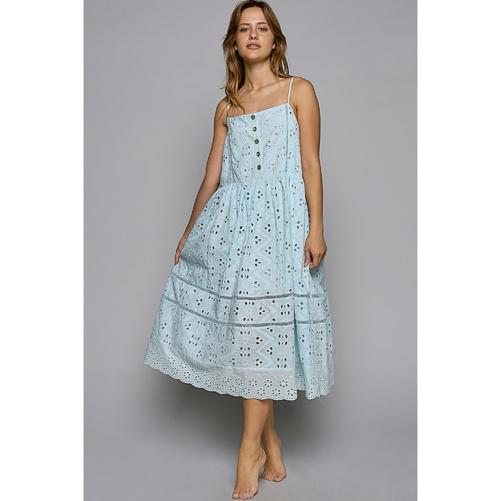 POL Sky Blue Sleeveless Cotton Eyelet Midi Dress